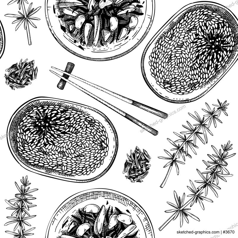 Hand-drawn hijiki seamless pattern. Healthy food ingredients background. Sea vegetable drawings. Edible seaweed vector illustration. Asian cuisine dishes menu design. 