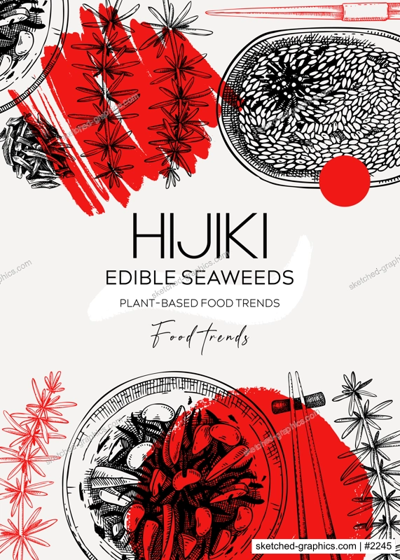 Collage-style hijiki design. Sea vegetable sketches. Edible seaweed vector illustration. Japanese cuisine trendy menu design. Hand drawn healthy food ingredients background 