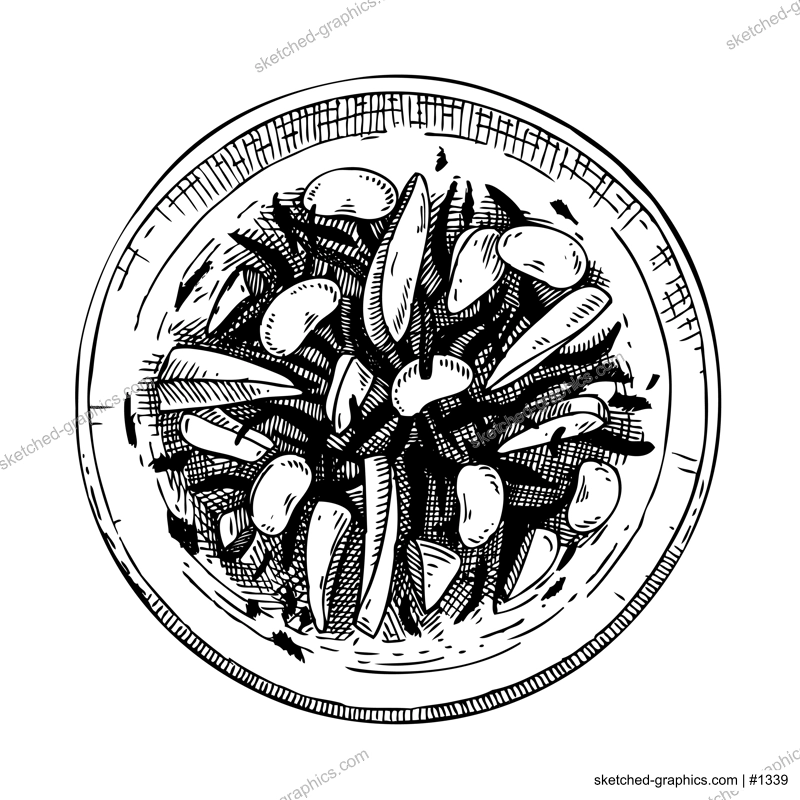 Hand drawn bowl hijiki seaweed salad sketch. Hand drawn dish with edible algae, soybeans, carrot, soy sauce. Healthy food vector illustration. Japanese cuisine restaurant menu design. Sea kelp food