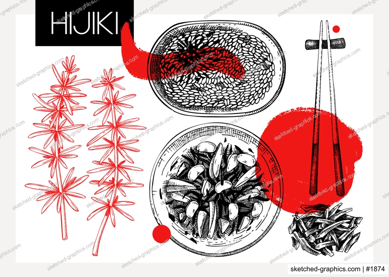Hand-drawn hijiki sketches set. Artistic sea vegetable drawings. Sea kale in collage style. Edible seaweed vector food illustration. Japanese cuisine dishes collection. Heathy eating ingredients 