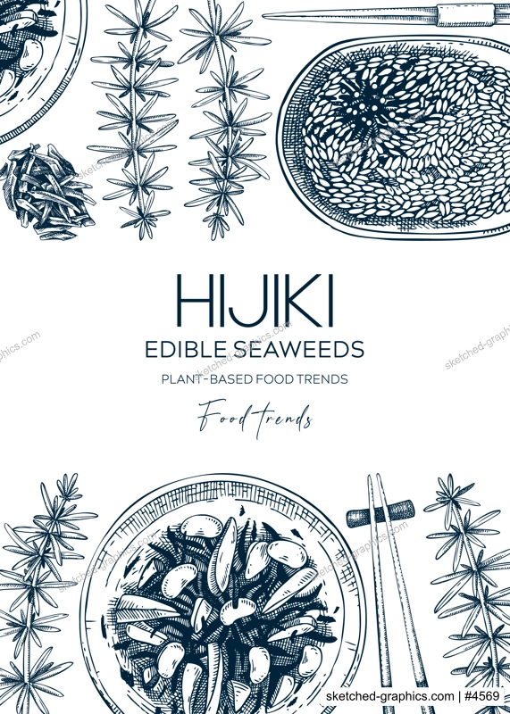 Hand drawn hijiki design. Sea vegetable sketches. Edible seaweed vector illustration. Japanese cuisine trendy menu design. Healthy food ingredients background 