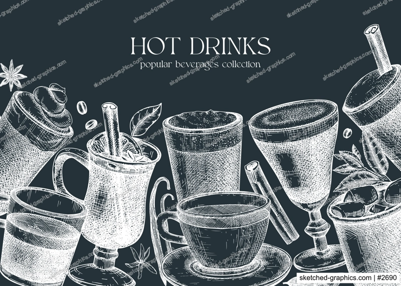 Vintage banner with hot drinks and ingredients. Hand-sketched tea, mulled wine, coffee, hot chocolate drawings on chalkboard. Popular beverage glasses, mugs, cups background. 