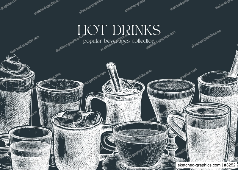 Bar menu design template. Vector banner with hot drinks illustrations. Hand-sketched tea, mulled wine, coffee, hot chocolate drawings. Popular beverages in mugs, cups, glasses on chalkboard.