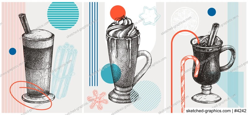 Collage style hot drinks illustration. Cappuccino, pumpkin latte and mulled wine sketches. Trendy winter design with hot drinks geometric shapes for modern print, posters, cards, menu