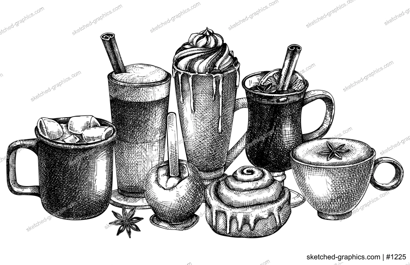 Vector collection of glassware with hot drinks. Sketched autumn drinks drawings - mulled wine, coffee, hot chocolate, pumpkin latte, mugs, and desserts. Thanksgiving dinner beverages design