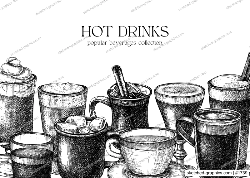 Bar menu design template. Vector banner with hot drinks illustrations. Hand-sketched tea, mulled wine, coffee, hot chocolate drawings. Popular beverages in mugs, cups, glasses for cafe brands.
