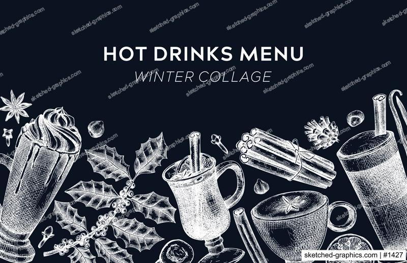 Hot drinks menu design. Mulled wine, coffee, hot chocolate vector sketches. Christmas design template. Winter drinks and spice frame template. Vintage food background. Christmas bar menu on chalkboard