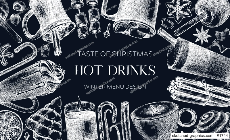 Hot drinks menu design. Mulled wine, coffee, hot chocolate, cocoa vector sketches. Christmas design template. Winter drinks and sweets frame template. Vintage food background on chalkboard
