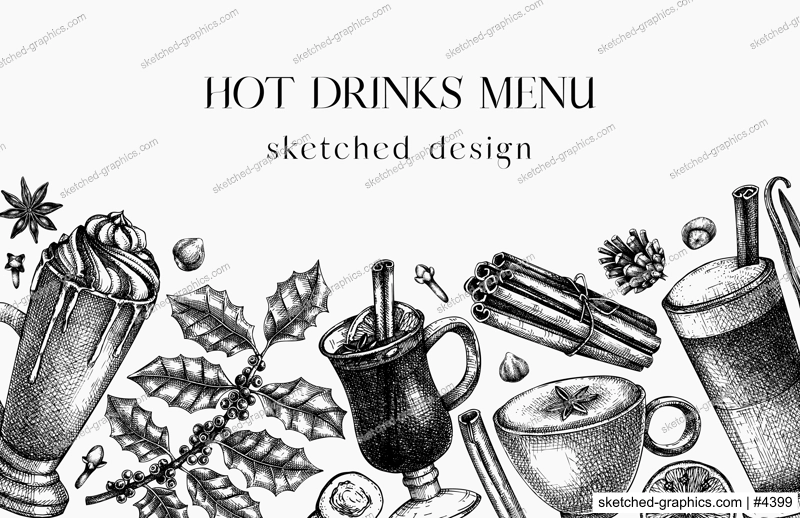 Hot drinks menu design. Mulled wine, coffee, hot chocolate vector sketches. Christmas design template. Winter drinks and spice frame template. Vintage food background. Christmas bar menu.
