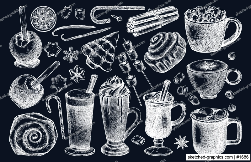 Hot drinks menu design. Mulled wine, coffee, hot chocolate, cocoa, spices, sweet food and baking goods vector sketches. Christmas food illustrations. Winter drinks in sketched style on chalkboard