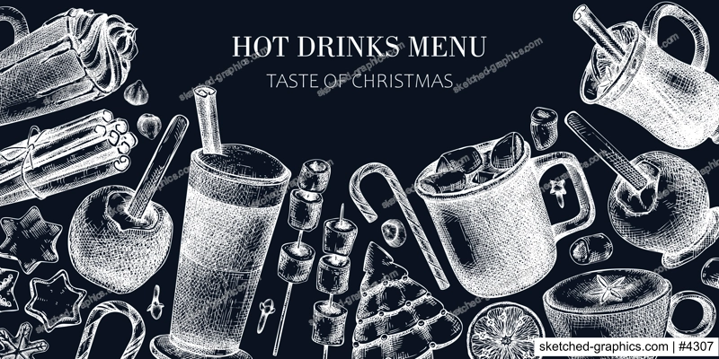 Hot drinks menu design. Mulled wine, coffee, hot chocolate, cocoa vector sketches. Christmas design template. Winter drinks and sweets frame template. Vintage food background on chalkboard