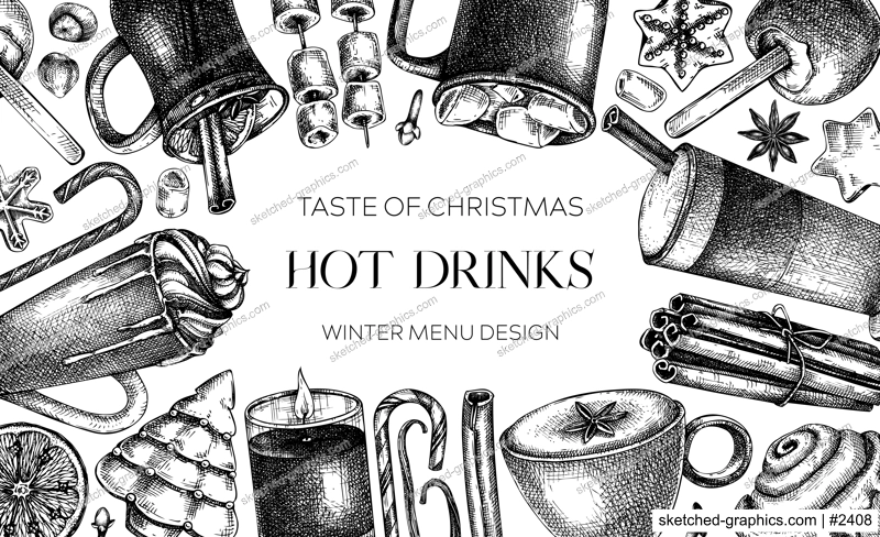 Hot drinks menu design. Mulled wine, coffee, hot chocolate, cocoa vector sketches. Christmas design template. Winter drinks and sweets frame template. Vintage food background. Christmas bar menu.