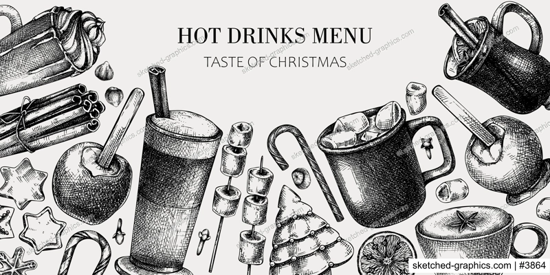 Hot drinks menu design. Mulled wine, coffee, hot chocolate, cocoa vector sketches. Christmas design template. Winter drinks and sweets frame template. Vintage food background. Christmas bar menu.