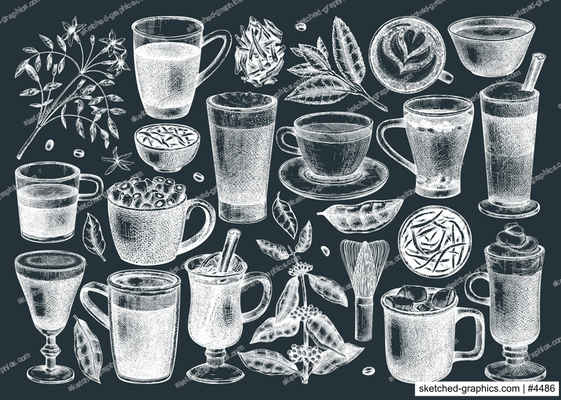 Bar menu design elements. Vector collection hot drinks on chalkboard. Hand-sketched tea, mulled wine, coffee, hot chocolate and ingredients illustrations. Popular beverages for brands, menu, packaging