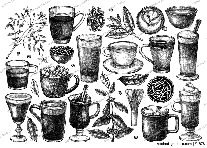 Bar menu design elements. Vector collection hot drinks drawings set. Hand-sketched tea, mulled wine, coffee, hot chocolate and ingredients illustrations. Popular beverages for brands, menu, packaging