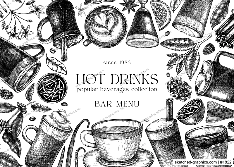 Bar menu design. Vector frame with hot drinks drawings. Hand-sketched tea, mulled wine, coffee, hot chocolate and ingredients illustrations. Popular beverages template for brands, web, menu, packaging