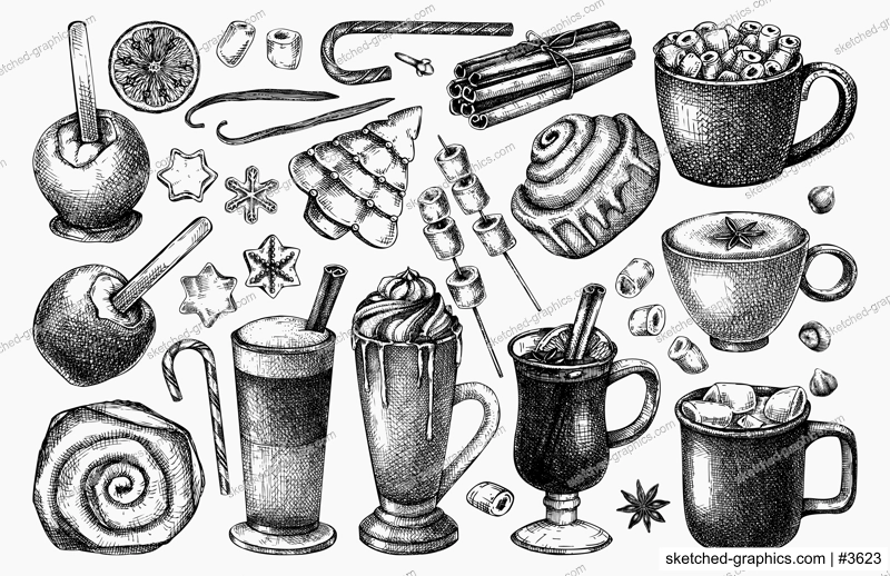 Hot drinks menu design. Mulled wine, coffee, hot chocolate, cocoa, spices, sweet food and baking goods vector sketches. Christmas food illustrations. Winter drinks and desserts in sketched style