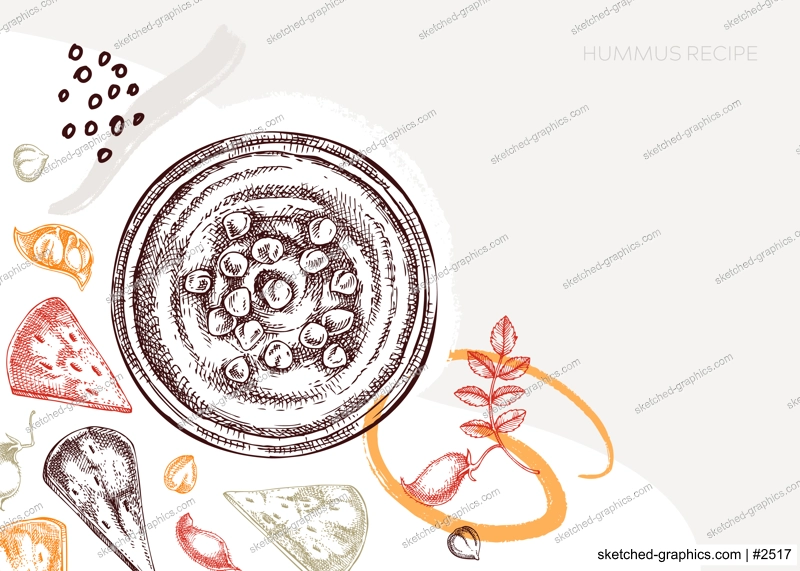 Hummus background. Mediterranean food, ingredients, plants, pita sketches. Vegan food illustration. Hand-drawn hummus in plate, pita, and chickpeas for menu, recipe, or packaging design. 
