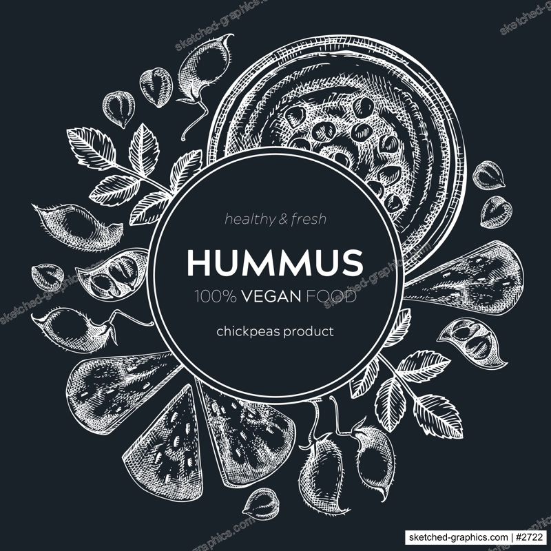 Hummus wreath design on chalkboard. Mediterranean food, ingredients, plants, pita sketches. Vegan food illustration. Hand-drawn hummus in plate, pita, and chickpeas for menu, recipe, or packaging