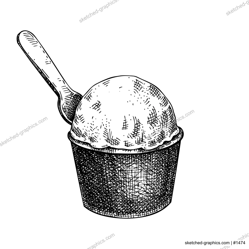 Hand drawn ice cream in cup with spoon sketch. Summer dessert vector illustration isolated on white background. Sorbet drawing. Hand drawn sweet food design element 