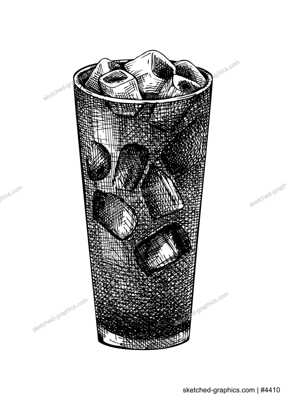  Morning coffee cup - hand-sketched illustration. Vector sketch of  glass with iced coffee. Caffeine drink with ice hand-drawing isolated on white background