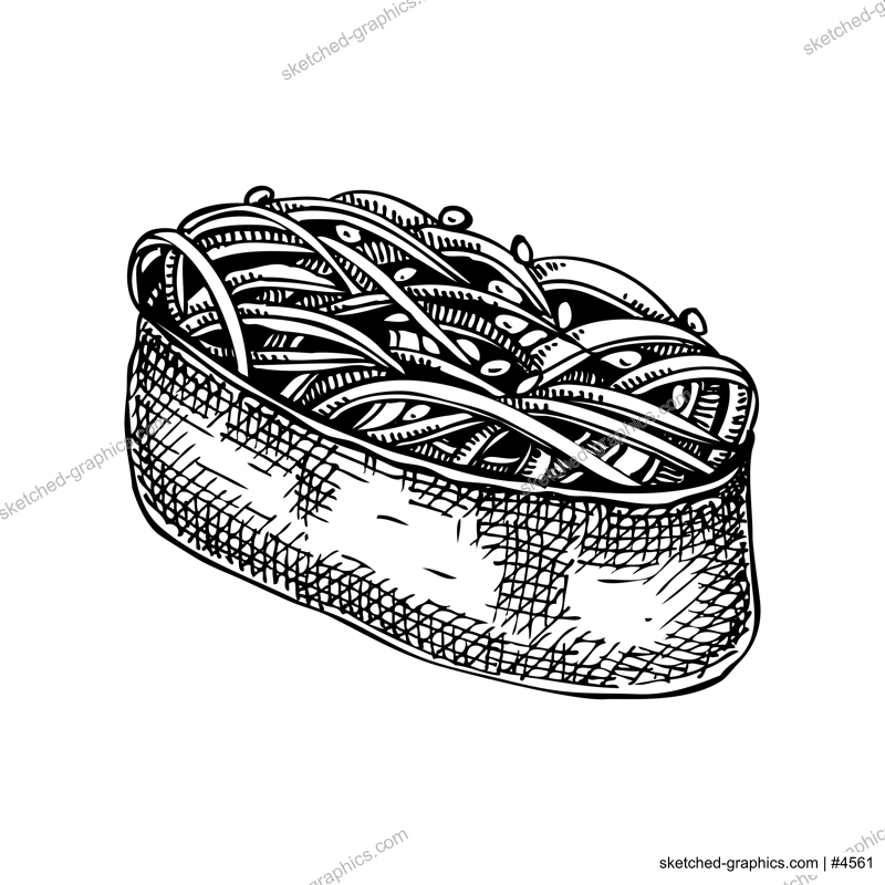 Japanese Seaweed Salad Inari vector illustration. Hand drawn tofu meal with wakame salad sketch for Japanese cuisine restaurant menu or healthy food design. Edible algae dish - Inari sushi. 