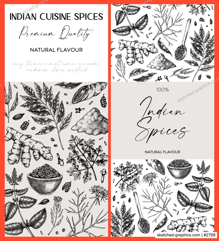 Indian spice label designs. Curry, cumin, mustard, turmeric, coriander, cloves sketches. Herbs hand-drawn vectot illustration. Vintage banner templates. NOT AI generated