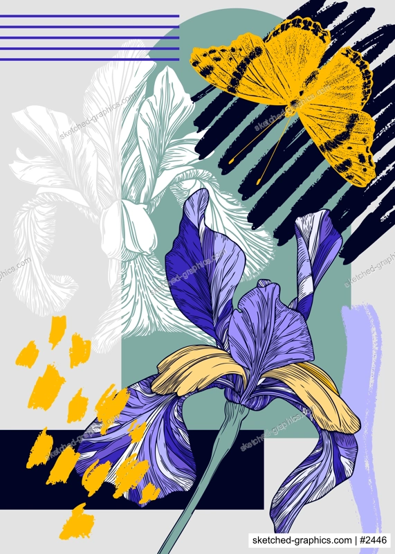 Collage style iris vector illustration. Hand-sketched spring flower and butterfly. Trendy design with floral, geometric shapes, abstract elements. Perfect for print, poster, card, wall art, cards