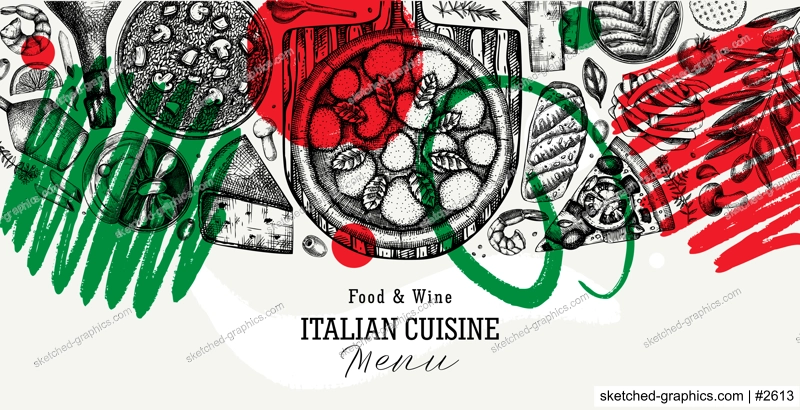 Italian cuisine vector background. Hand drawn pizza, pasta and risotto banner in collage style. Mediterranean food ingredient border - cheese, olives, canape, tinned fish. Trendy menu design template
