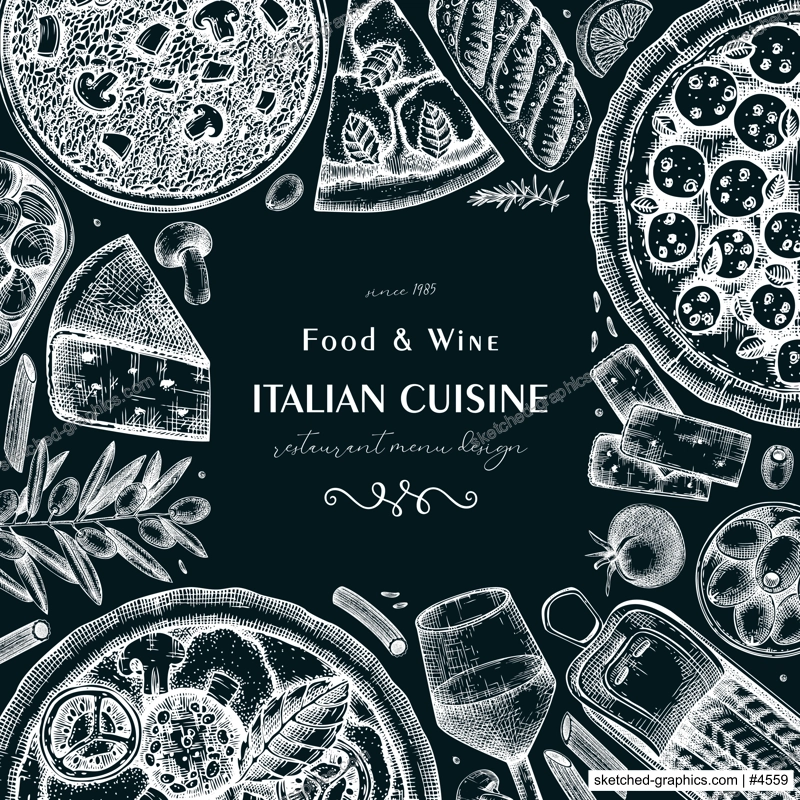  Italian cuisine frame design on chalkboard. Hand drawn pizza, pasta, risotto with mushrooms, and canape. Mediterranean food vector background in sketch style 