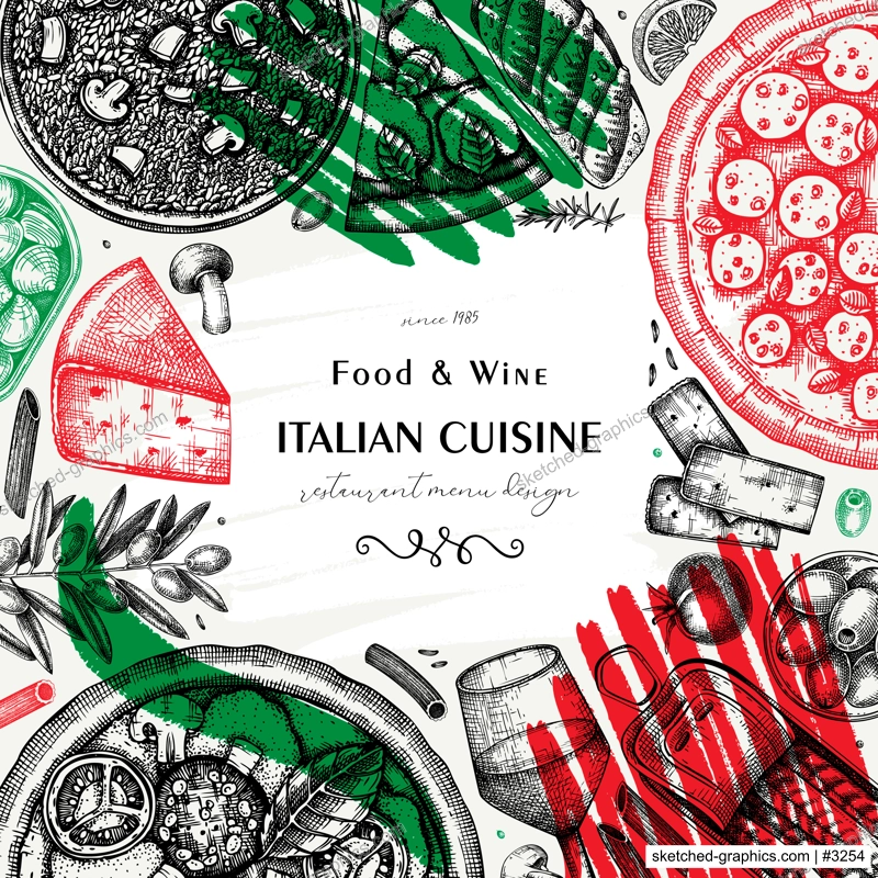  Italian cuisine frame design in collage style. Hand drawn pizza, pasta, risotto with mushrooms, and canape. Mediterranean food sketches. Artistic vector background 