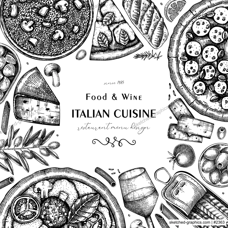  Italian cuisine frame design in sketch style. Hand drawn pizza, pasta, risotto with mushrooms, and canape. Mediterranean food vector background 