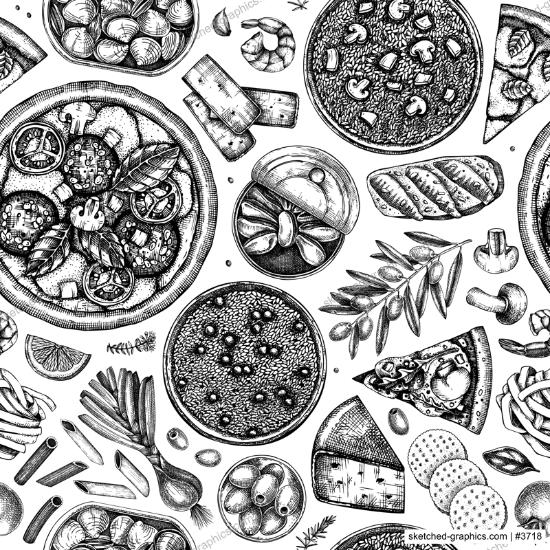 Italian cuisine vector background. Hand drawn pizza, pasta, tinned fish canape and risotto with mushrooms sketches. Mediterranean food seamless pattern. Black countered menu design