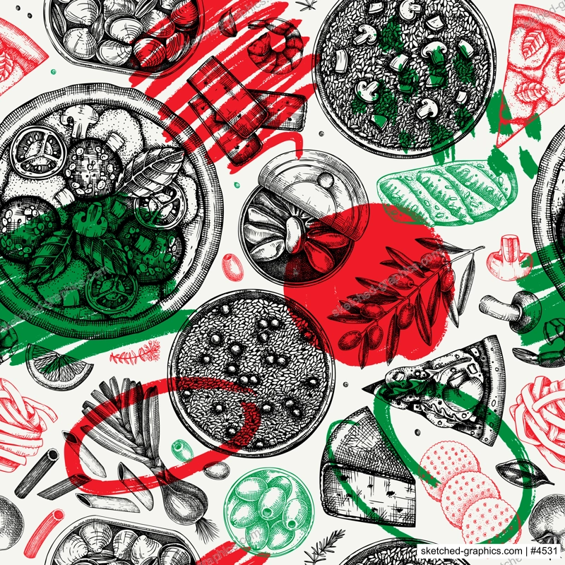 Italian cuisine vector background. Hand drawn pizza, pasta, tinned fish canape and risotto with mushrooms sketches. Mediterranean food seamless pattern in collage style. Trendy menu design