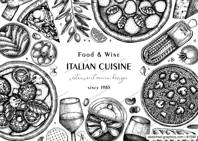 Italian cuisine vintage background. Hand drawn pizza, pasta and risotto frame in sketch style. Mediterranean food menu design template. Food ingredient  black outlines