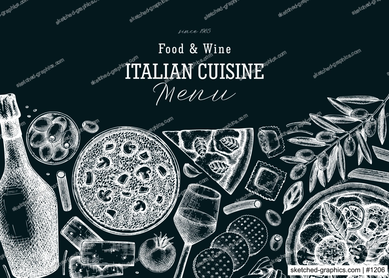Hand drawn pizza, pasta, prosecco, risotto banner on chalkboard. Italian food and drinks vector background. Mediterranean cuisine ingredients illustrations. Vintage restaurant menu design template. 
