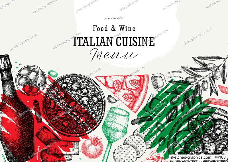 Hand drawn pizza, pasta, prosecco, risotto banner in collage style. Italian food and drinks vector background. Mediterranean cuisine ingredients illustrations. Modern restaurant menu design template. 