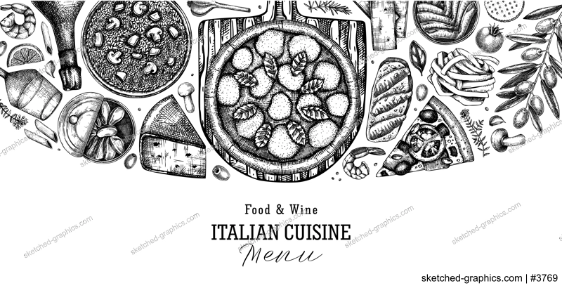 Hand drawn pizza, pasta and risotto vector background. Italian cuisine border. Mediterranean food ingredients - cheese, olives, canape, tinned fish. Trendy menu design template
