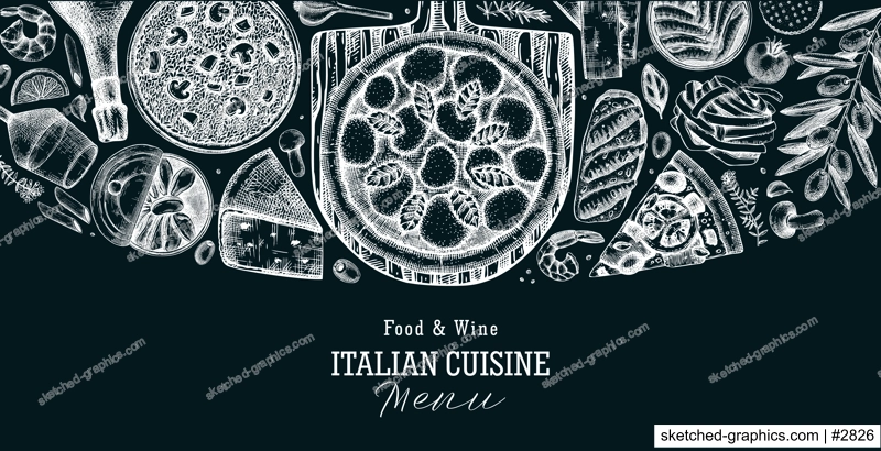 Hand drawn pizza, pasta and risotto border on chalkboard. Italian cuisine vector background. Mediterranean food ingredients - cheese, olives, canape, tinned fish. Trendy menu design template