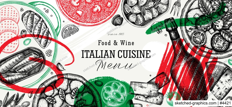 Italian food and drinks vector background. Hand drawn pizza, pasta, prosecco, risotto frame in collage style. Mediterranean cuisine ingredients illustrations. Modern restaurant menu design template. 
