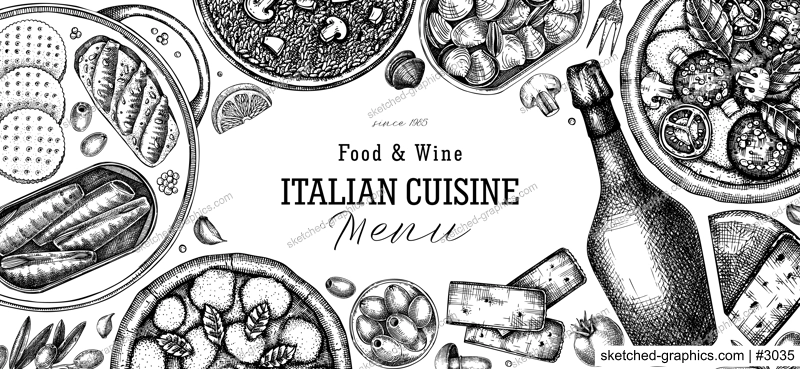  Italian food and drinks vector background. Hand drawn pizza, pasta, prosecco, risotto and tinned fish frame. Mediterranean cuisine ingredients illustrations. Vintage restaurant menu design template. 