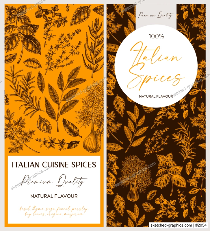 Italian spice label templates. Basil, mint, rosemary, parsley, sage, bay leaf, fennel  sketches. Herbs hand-drawn vectot illustration. Vintage banner designs.. NOT AI generated