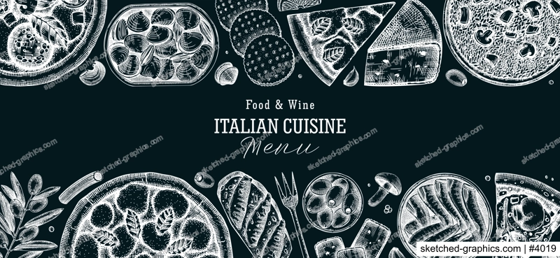 Hand drawn pizza, pasta and risotto banner on chalkboard. Italian cuisine vector background. Mediterranean food ingredients - cheese, olives, canape, tinned fish and seafood. Menu design template