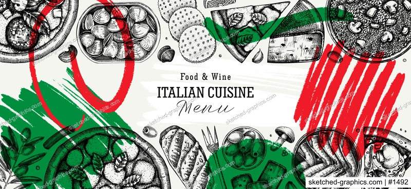 Hand drawn pizza, pasta and risotto banner in collage style. Italian cuisine vector background. Mediterranean food ingredients - cheese, olives, canape, tinned fish. Trendy menu design template