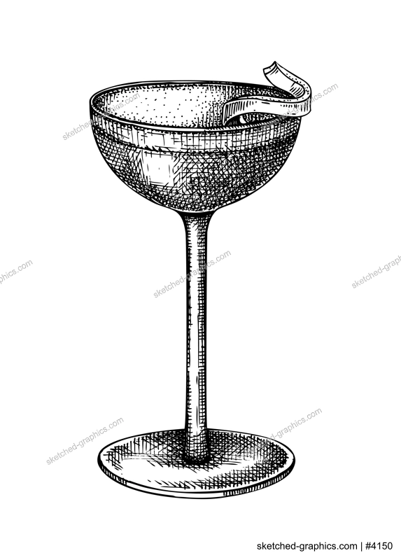 Hand-sketched Jack Rose cocktail illustration. Vector sketch of alcoholic drink in elegant glass. Apple brandy cocktail with applejack, grenadine, lemon or lime juice hand-drawing isolated on white