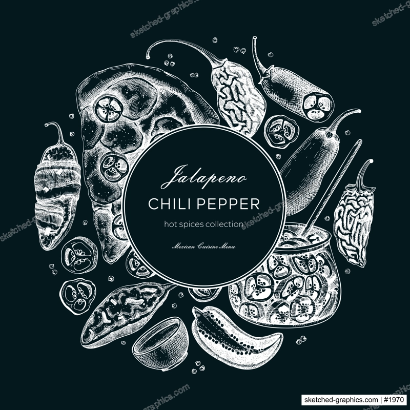 Mexican cuisine menu design. Ripe jalapeno chili pepper sketches. Hot spices wreath on chalkboard. Vegetarian, healthy food hand drawn vector illustration. Jalapeno with slices and seeds for packaging