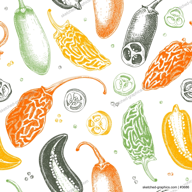 Mexican cuisine background. Ripe jalapeno chili pepper sketches. Hot spice seamless pattern. Healthy food hand drawn vector illustration. Jalapeno slices, seeds, chipotle for packaging, menu, fabric. 