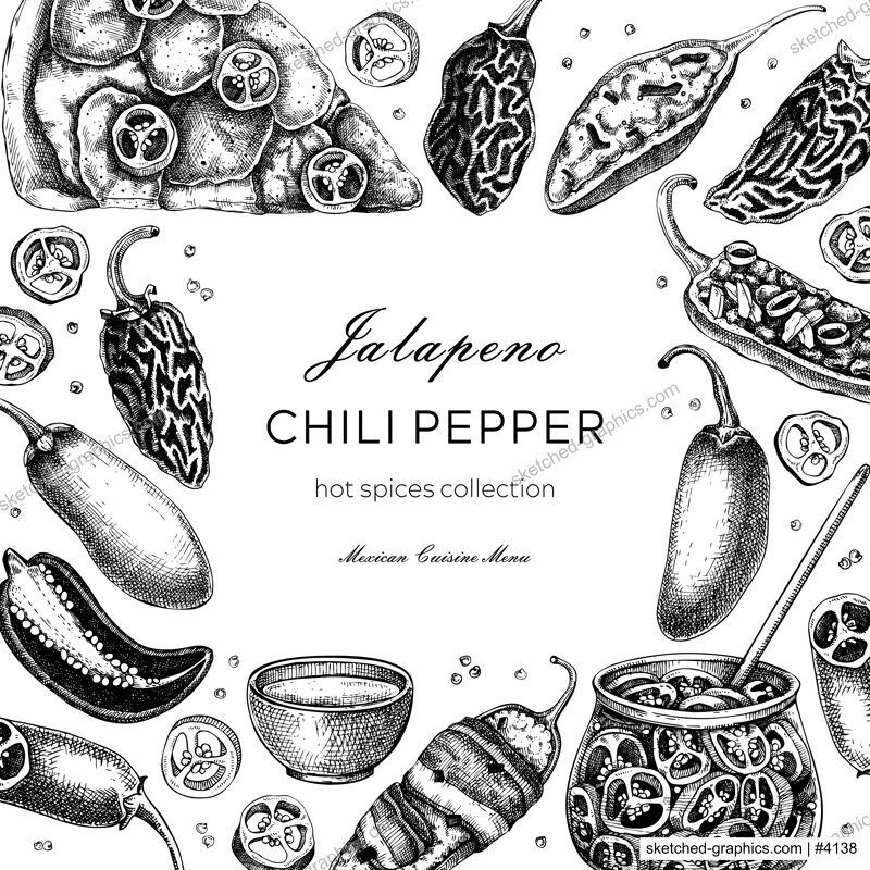 Mexican cuisine menu restaurant frame design. Ripe jalapeno chili pepper sketches. Hot spices, vegetarian, healthy food hand drawn vector illustration. Jalapeno with slices and seeds for packaging