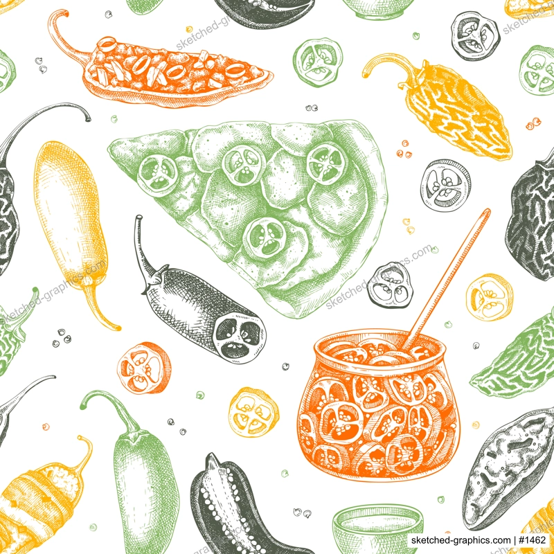 Mexican cuisine background. Ripe jalapeno chili pepper sketches. Hot spice seamless pattern. Healthy food hand drawn vector illustration. Jalapeno slices, seeds, chipotle for packaging, menu, fabric.