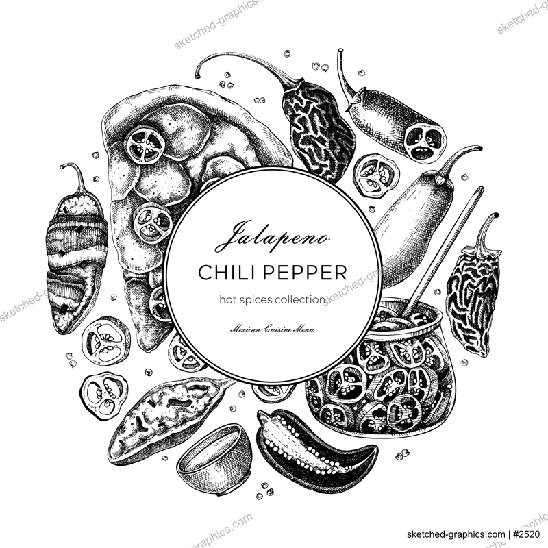Mexican cuisine menu restaurant wreath design. Ripe jalapeno chili pepper sketches. Hot spices, vegetarian, healthy food hand drawn vector illustration. Jalapeno with slices and seeds for packaging